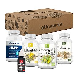 ALLNATURE Vitamínový balíček Zinok 25 mg 60 tabliet + Ženšen pravý bylinný extrakt 60 kapsúl + Rozchodnica ružová 500 mg 60 kapsúl + Ľubovník bylinný extrakt 60 kapsúl + Dračia krv 30 ml