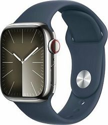 Apple Watch Series 9 41 mm Cellular Strieborný nerez s búrkovo modrým športovým remienkom – M/L