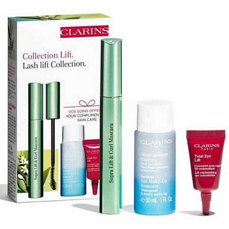 Clarins Supra Lift & Curl 01 intense black sada špirála Supra Lift & Curl Mascara 8 ml + odličovač očí Instant Eye Make-Up Remover 30 ml + očný krém Total Eye Lift 3 ml