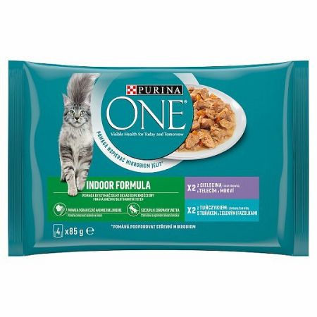 PURINA ONE Multipack Indoor mini filetky s tuniakom a zelenými fazuľkami / s teľacím a mrkvou v šťave 12(4x85g)